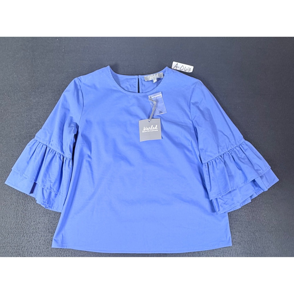 Marled Reunited Clothing Blue Ruffle Tiered Bell Sleeve Blouse Top Medium NWT